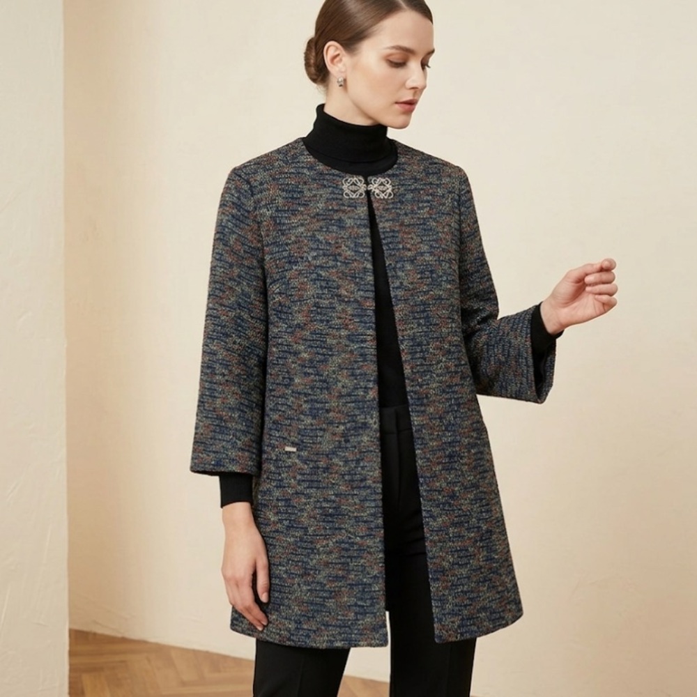 Multicolor Knit Coat Jacket 3/4 Sleeve Textured Topper Professional Boho